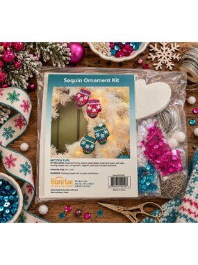 Vintage Sunrise Sequin Push Pin Ornament Christmas Craft Kit Mitten Fun Red Blue